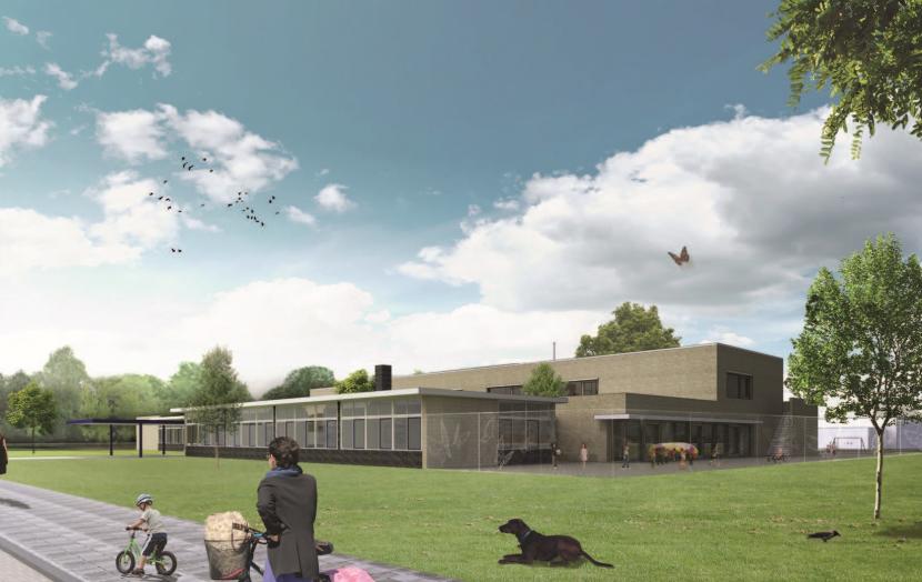 Op deze afbeelding staat een impressie van de nieuwbouw van de Rietveldschool in Badhoevedorp. Een combinatie van het bestaande geboiuw van Gerrit Rietveld en nieuwbouw met 2 lagen.