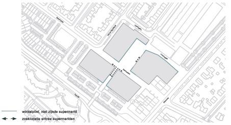 Kaart van Badhoevedorp Centrum met daarop grijze vlakken waar de winkels komen.