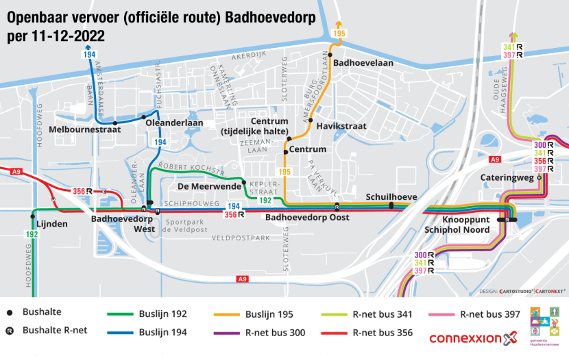 Kaart van de dienstregeling voor het openbaar vervoer (officiële route) Badhoevedorp