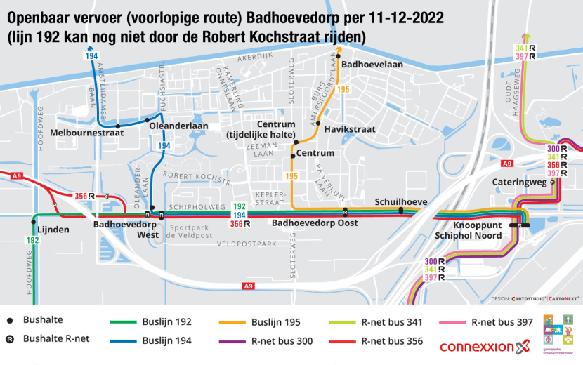 Kaart van de dienstregeling voor het openbaar vervoer (voorlopige route) Badhoevedorp