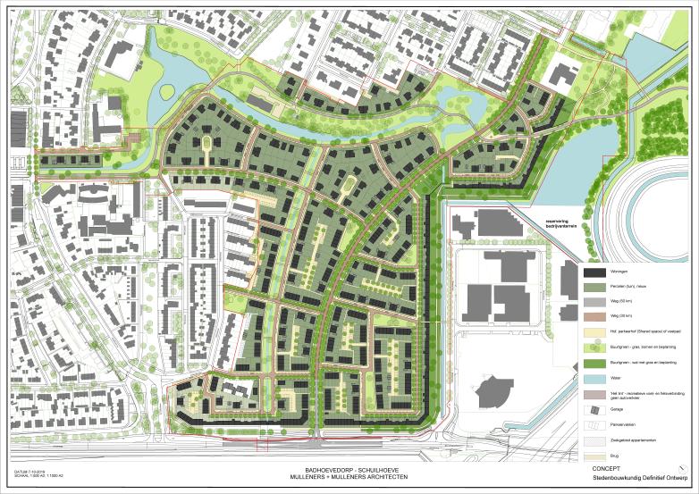 Op deze kaart staat de indeling van de nieuwe wijk Schuilhoeve. Zoals de ligging van de straten en woningen. 