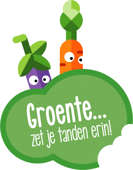 Logo van campagne Groente...zet je tanden erin!  Met daarbij 2 getekende figuurlijke groenten.