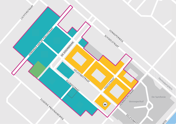 Overzichtskaart van De Nieuwe Kom met de plek van het Marktgebouw aangegeven