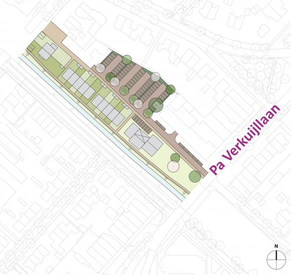 Een kaartje met de concept voorbeeld verkaveling van de woningen en openbare ruimte in Badhoevedorp centrum Oost.