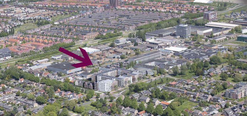 Luchtfoto van Pionier-Bols met op de voorgrond in de foto geplakt de toekomstige nieuwbouw van het Westerdreefkwartier