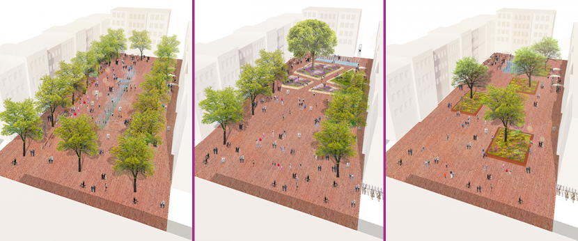 Drie verbeeldingen van hoe het nieuwe plein in het centrum van Badhoevedorp er uit kan komen te zien. Op de verbeelding zie je een plein met fontein, bloembakken en zitplekken. 