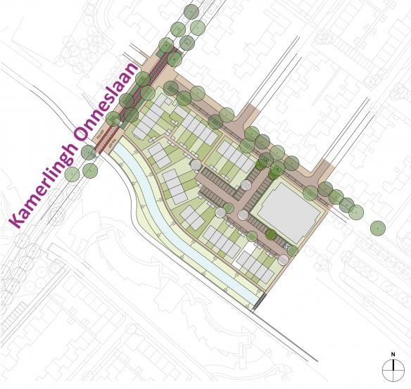 Een kaartje met de concept voorbeeld verkaveling van de woningen en openbare ruimte in Badhoevedorp centrum West